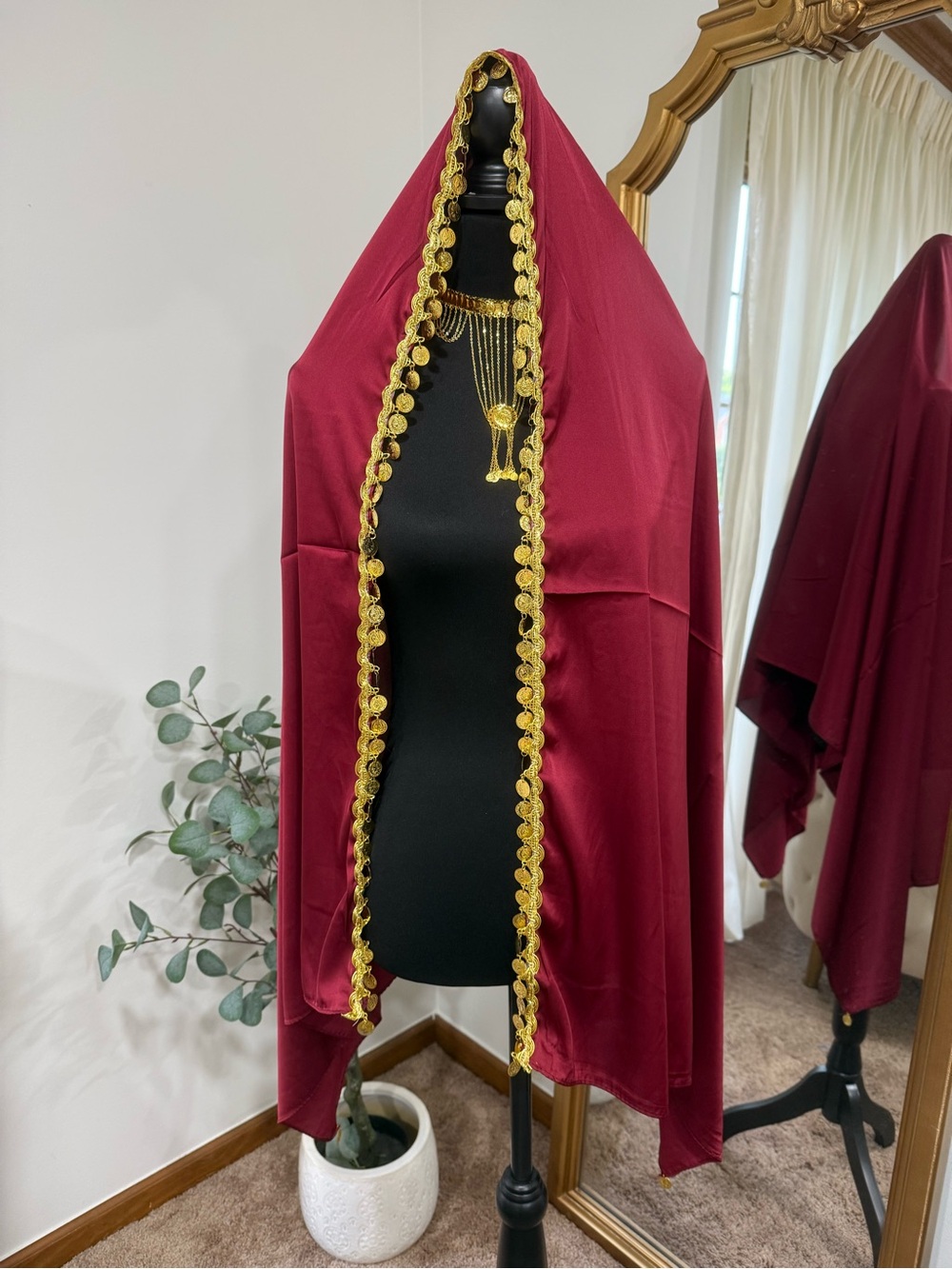 Gold-Trim Burgundy Hijab Cape